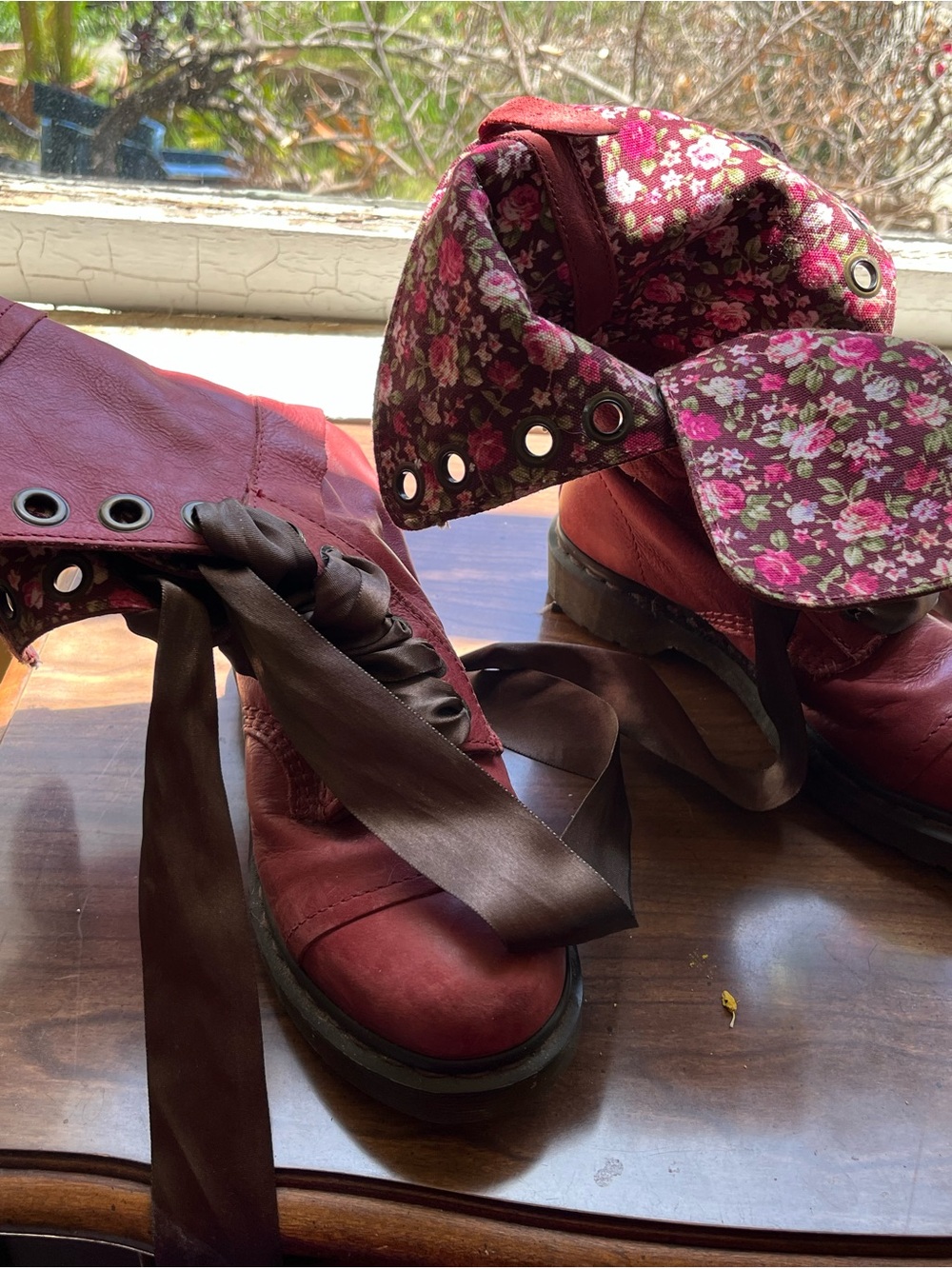 Dr. Martens Triumph 1914 Red Leather Floral Lined Mid-Calf Combat Boots